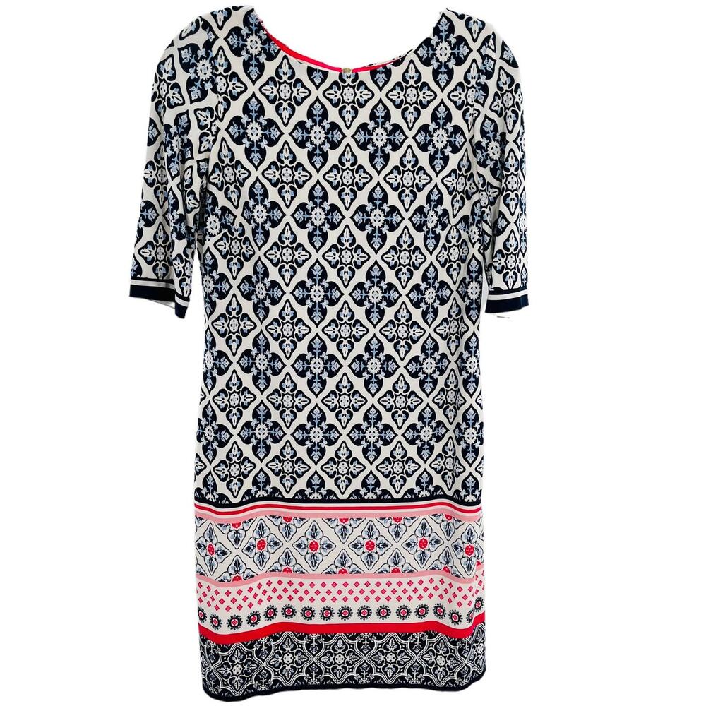 Eliza J Navy & White Ikat Print Pink Hem Border 3/4 Sleeve Dress Women Sz 4
